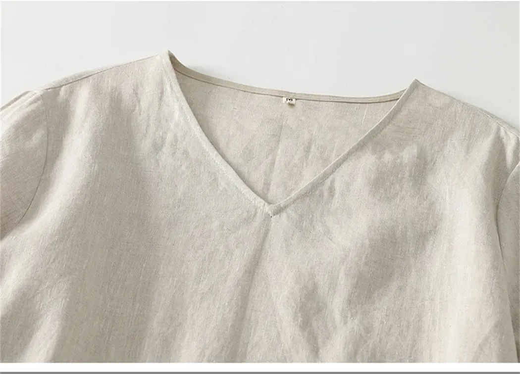 Women's Solid Color Linen V-Neck Short-Sleeved Dress Summer Korean Loose Casual Dresses
