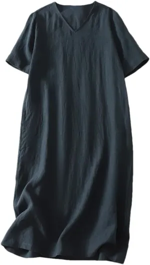 Women's Solid Color Linen V-Neck Short-Sleeved Dress Summer Korean Loose Casual Dresses