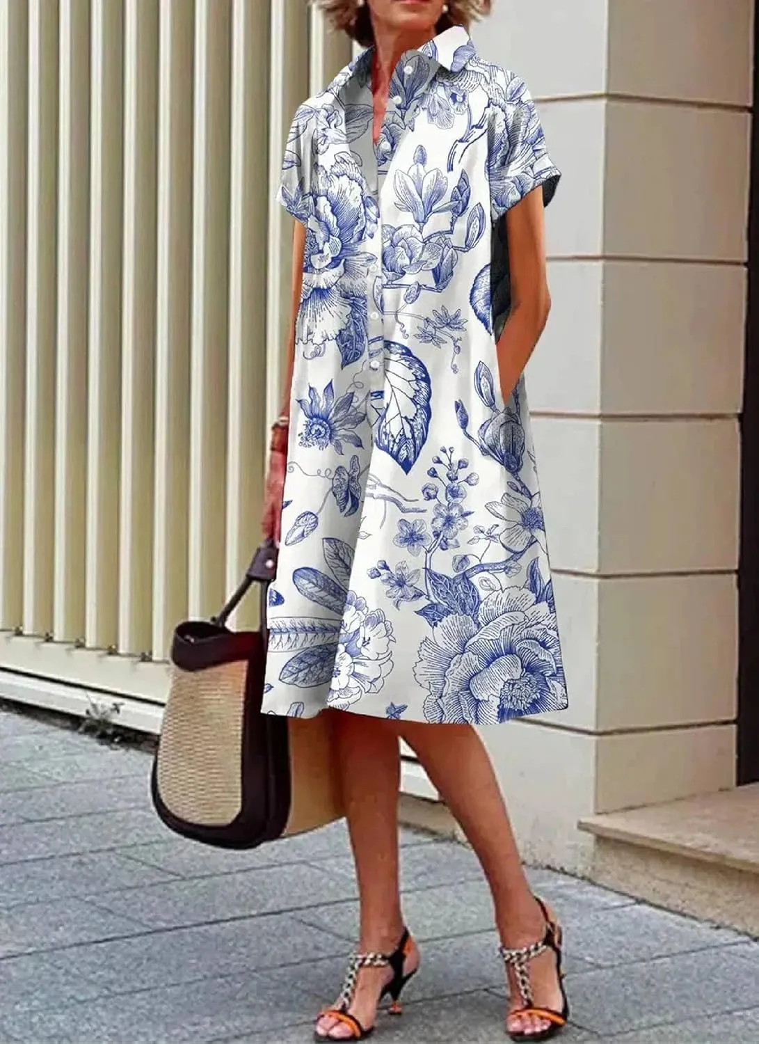 Women's Spring Button-Down Shirt Dress Casual A-Line Floral Boho Shift Midi Dress Summer Tunics with Side Pockets