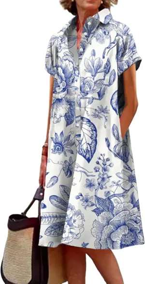 Women's Spring Button-Down Shirt Dress Casual A-Line Floral Boho Shift Midi Dress Summer Tunics with Side Pockets