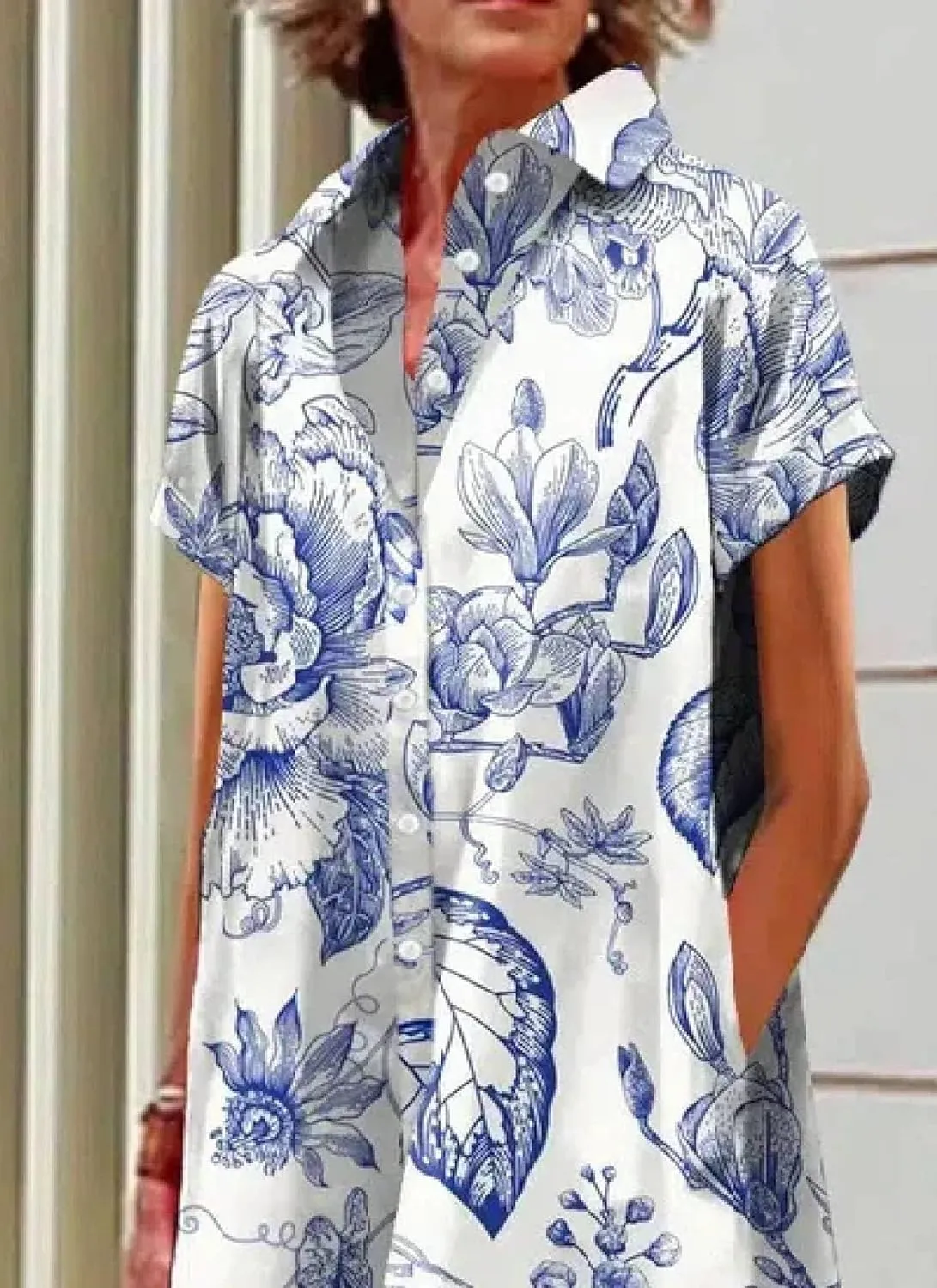 Women's Spring Button-Down Shirt Dress Casual A-Line Floral Boho Shift Midi Dress Summer Tunics with Side Pockets