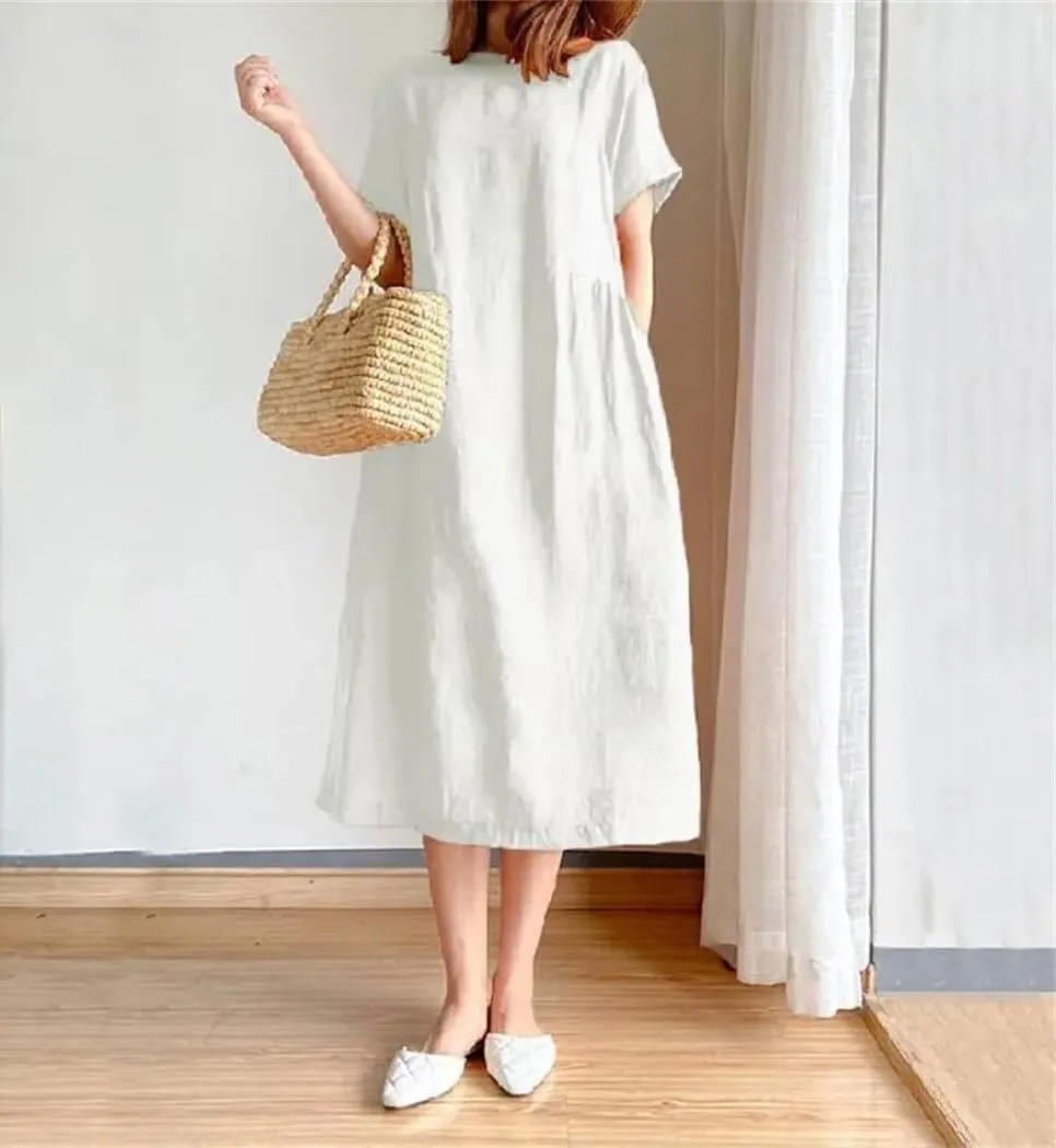 Women's Summer Casual Solid Color Cotton Mid Length Skirt Loose Short Sleeve Skinny Dresses