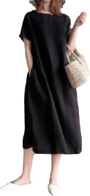 Women's Summer Casual Solid Color Cotton Mid Length Skirt Loose Short Sleeve Skinny Dresses