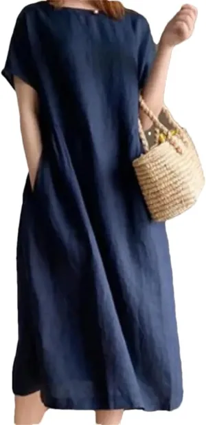 Women's Summer Casual Solid Color Cotton Mid Length Skirt Loose Short Sleeve Skinny Dresses