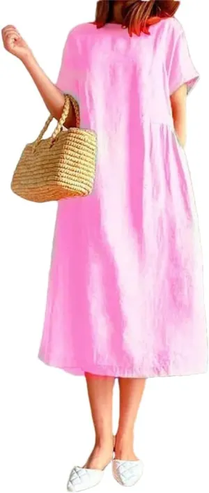 Women's Summer Casual Solid Color Cotton Mid Length Skirt Loose Short Sleeve Skinny Dresses