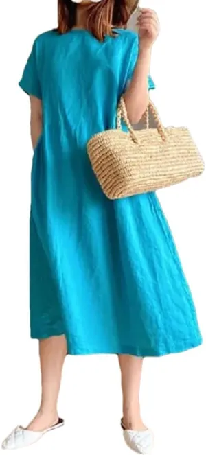 Women's Summer Casual Solid Color Cotton Mid Length Skirt Loose Short Sleeve Skinny Dresses