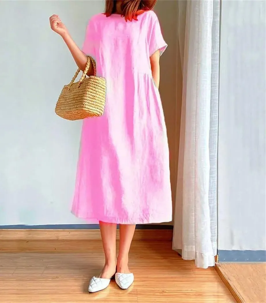 Women's Summer Casual Solid Color Cotton Mid Length Skirt Loose Short Sleeve Skinny Dresses
