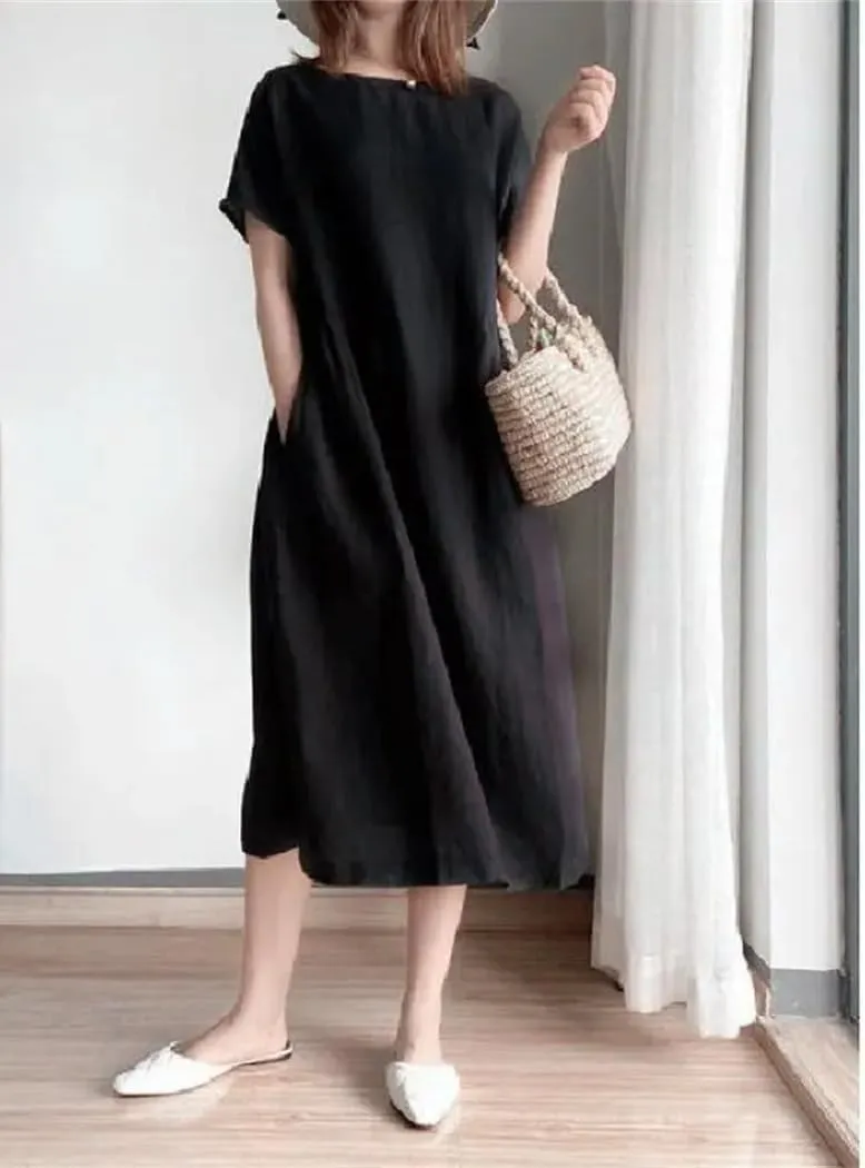 Women's Summer Casual Solid Color Cotton Mid Length Skirt Loose Short Sleeve Skinny Dresses