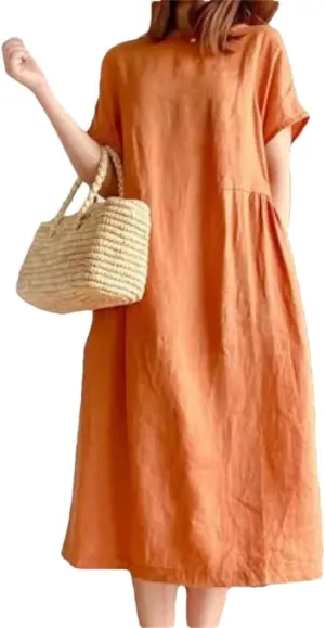 Women's Summer Casual Solid Color Cotton Mid Length Skirt Loose Short Sleeve Skinny Dresses