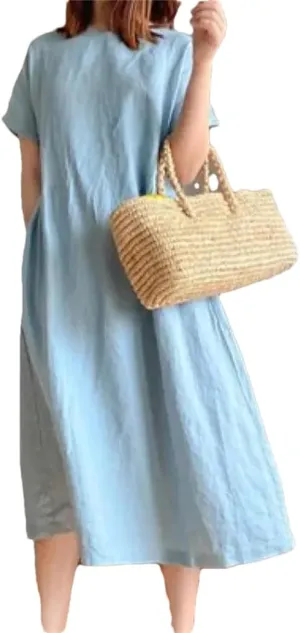Women's Summer Casual Solid Color Cotton Mid Length Skirt Loose Short Sleeve Skinny Dresses