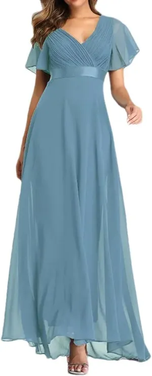 Women's Summer Chiffon Soft Maxi Dress Short Sleeve Vintage Wedding Party Evening Dresses