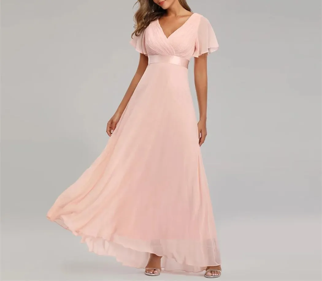 Women's Summer Chiffon Soft Maxi Dress Short Sleeve Vintage Wedding Party Evening Dresses