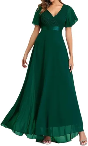 Women's Summer Chiffon Soft Maxi Dress Short Sleeve Vintage Wedding Party Evening Dresses