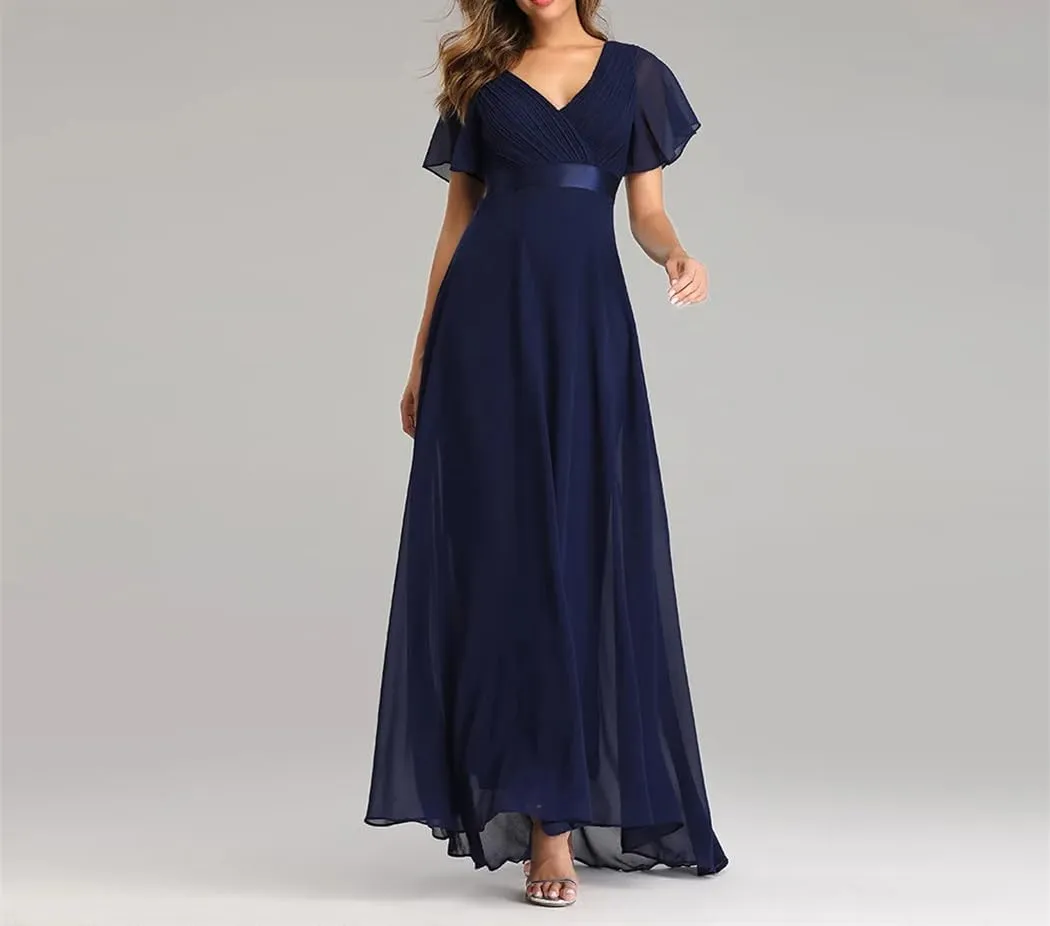 Women's Summer Chiffon Soft Maxi Dress Short Sleeve Vintage Wedding Party Evening Dresses