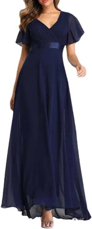 Women's Summer Chiffon Soft Maxi Dress Short Sleeve Vintage Wedding Party Evening Dresses