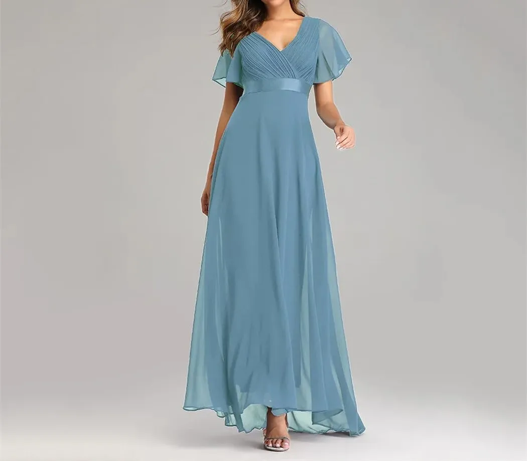Women's Summer Chiffon Soft Maxi Dress Short Sleeve Vintage Wedding Party Evening Dresses
