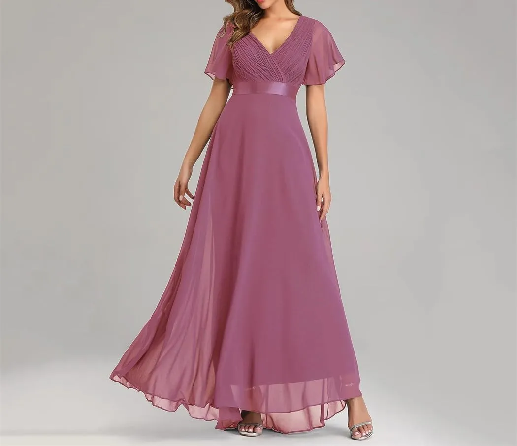 Women's Summer Chiffon Soft Maxi Dress Short Sleeve Vintage Wedding Party Evening Dresses