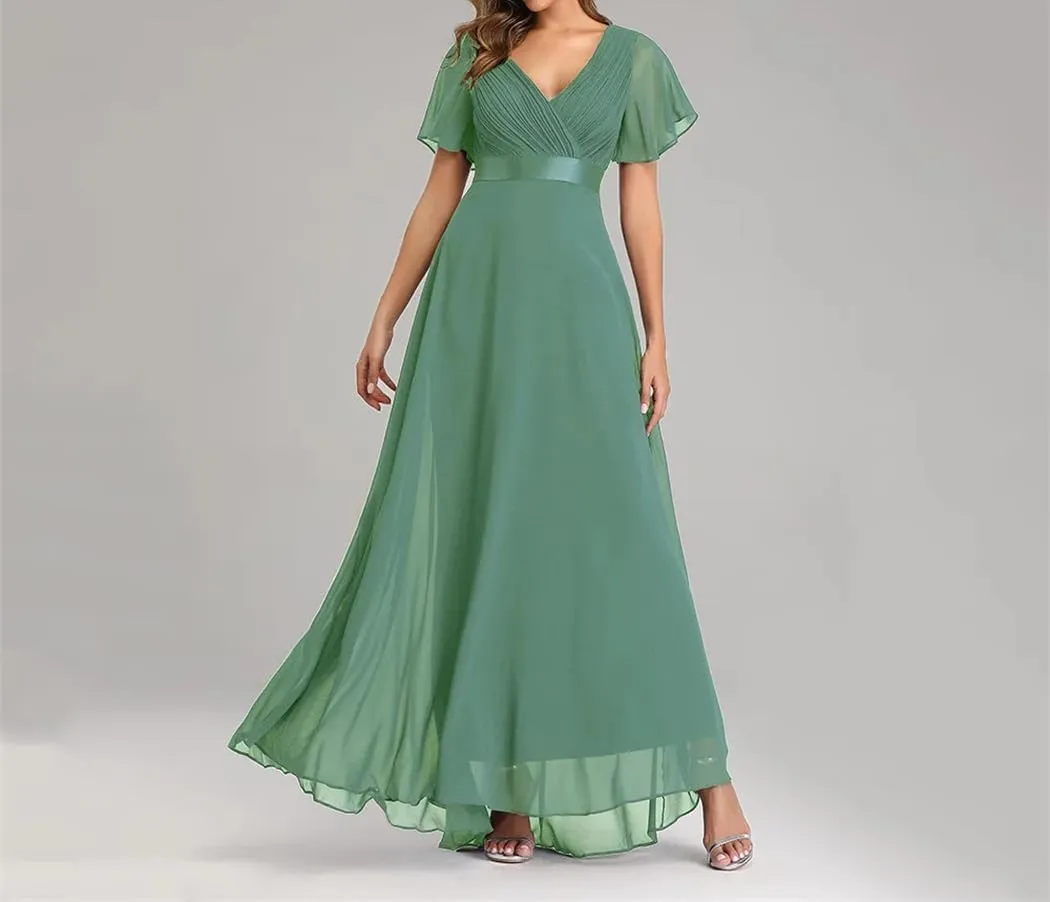 Women's Summer Chiffon Soft Maxi Dress Short Sleeve Vintage Wedding Party Evening Dresses