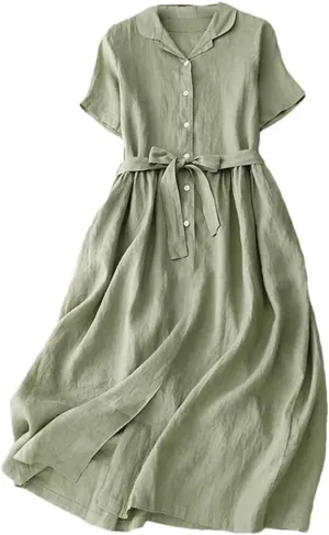 Women's Summer Cotton Linen Solid Color Lapel Short-Sleeved Dress Korean Casual Single Breasted Dresses