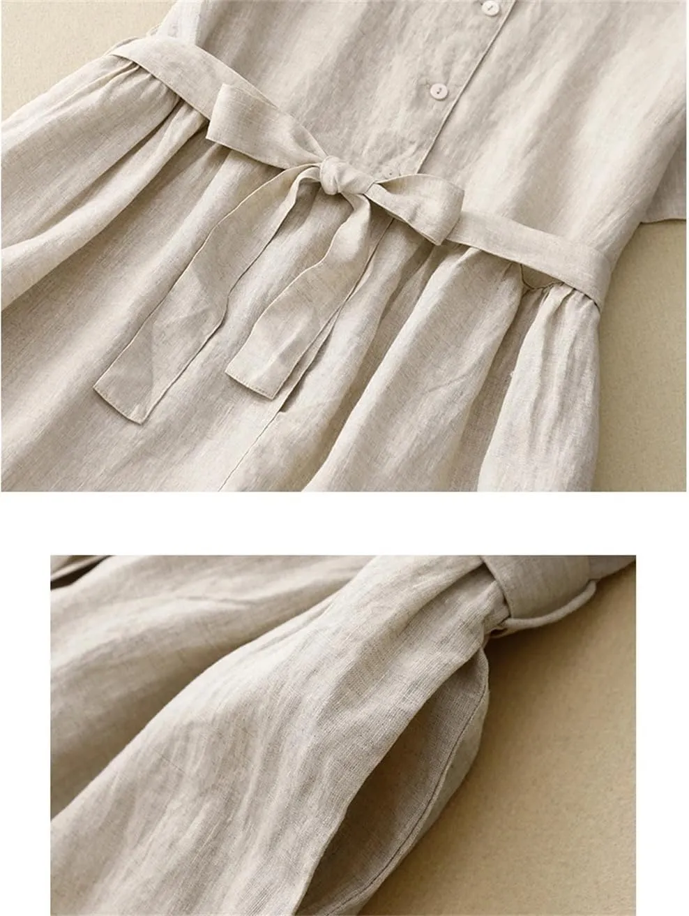 Women's Summer Cotton Linen Solid Color Lapel Short-Sleeved Dress Korean Casual Single Breasted Dresses