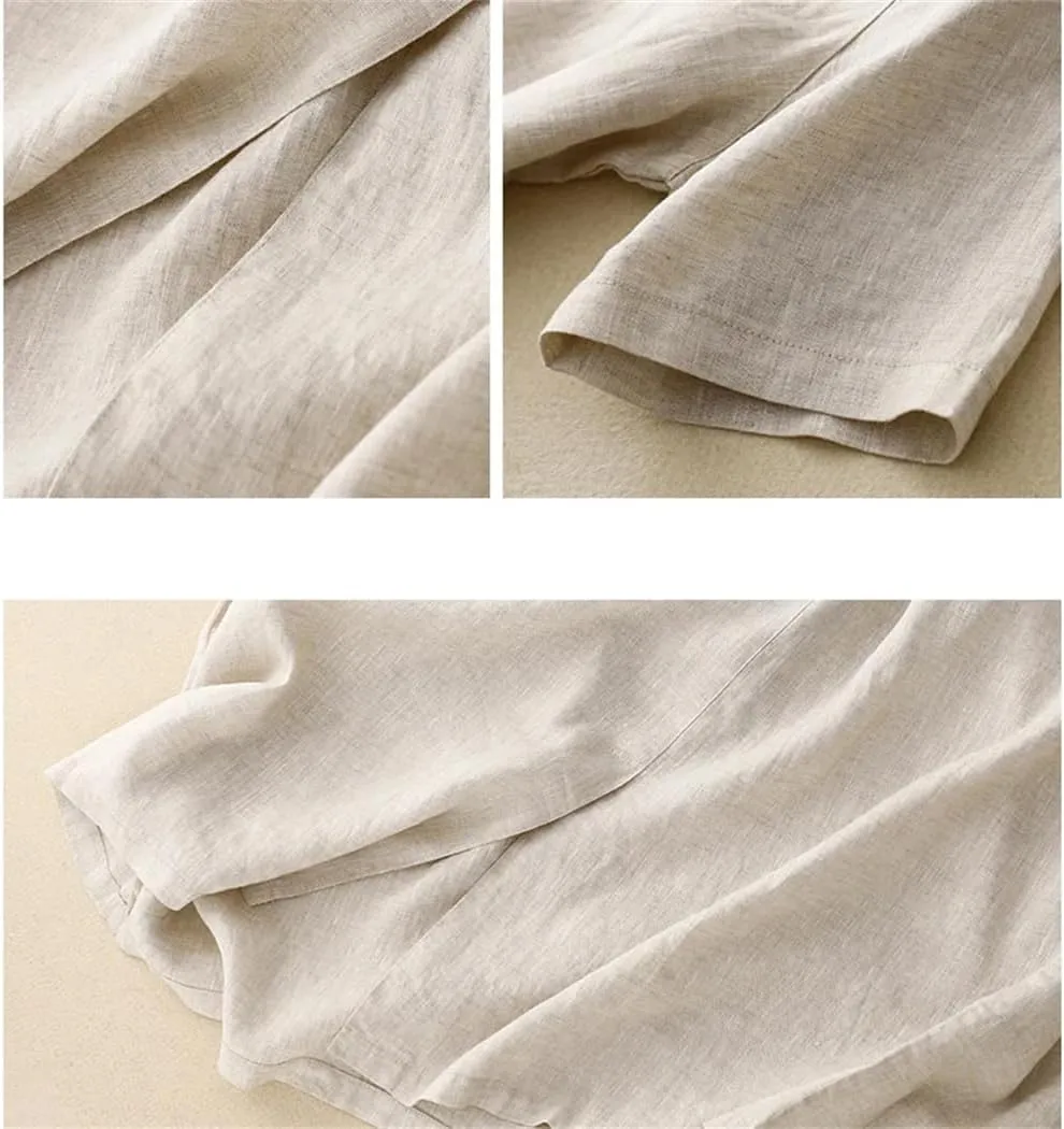 Women's Summer Cotton Linen Solid Color Lapel Short-Sleeved Dress Korean Casual Single Breasted Dresses