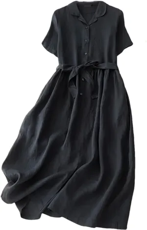 Women's Summer Cotton Linen Solid Color Lapel Short-Sleeved Dress Korean Casual Single Breasted Dresses