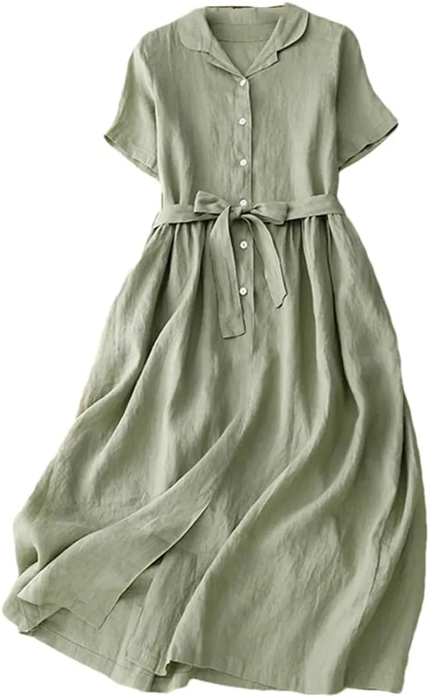 Women's Summer Cotton Linen Solid Color Lapel Short-Sleeved Dress Korean Casual Single Breasted Dresses