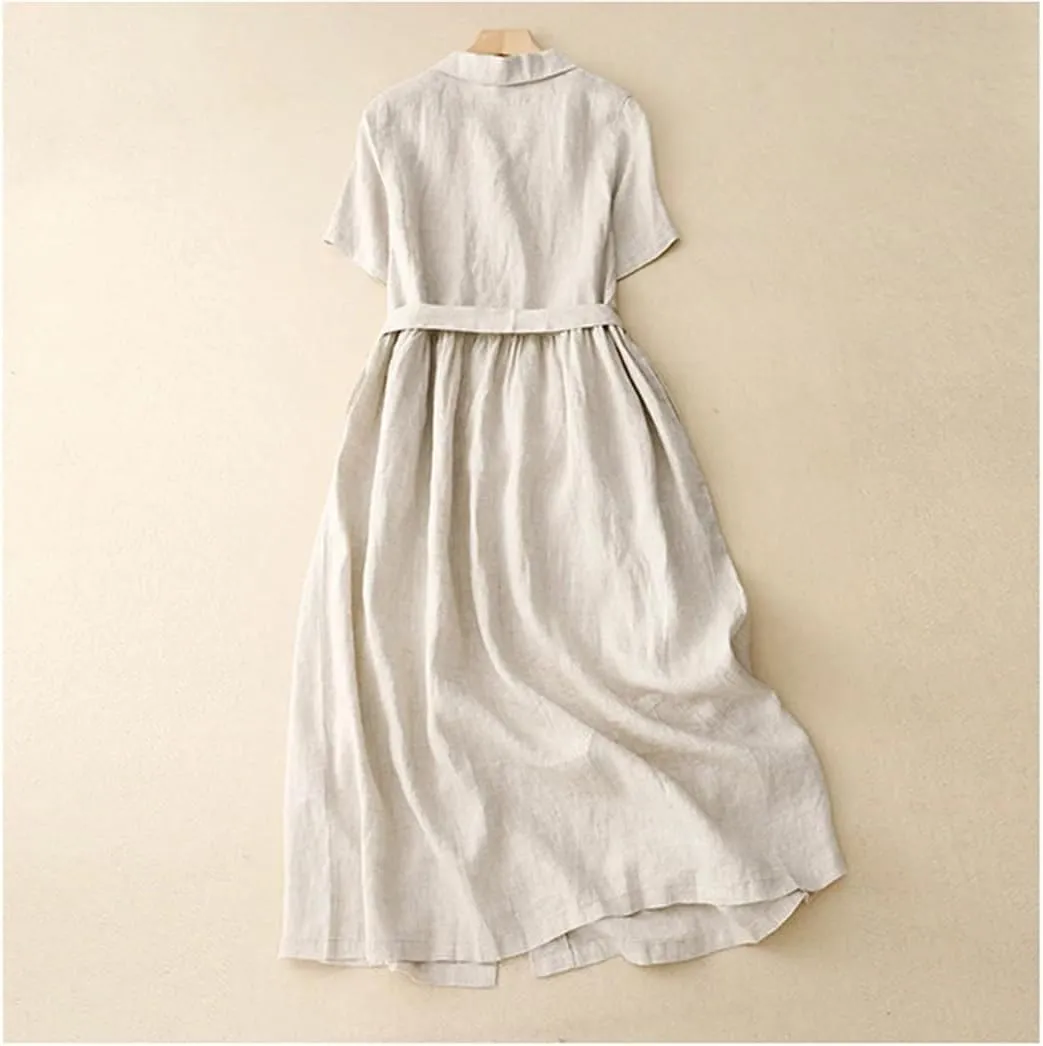 Women's Summer Cotton Linen Solid Color Lapel Short-Sleeved Dress Korean Casual Single Breasted Dresses