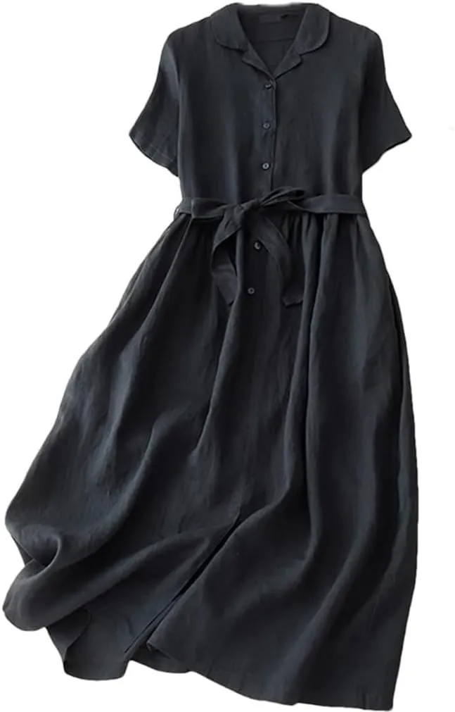 Women's Summer Cotton Linen Solid Color Lapel Short-Sleeved Dress Korean Casual Single Breasted Dresses