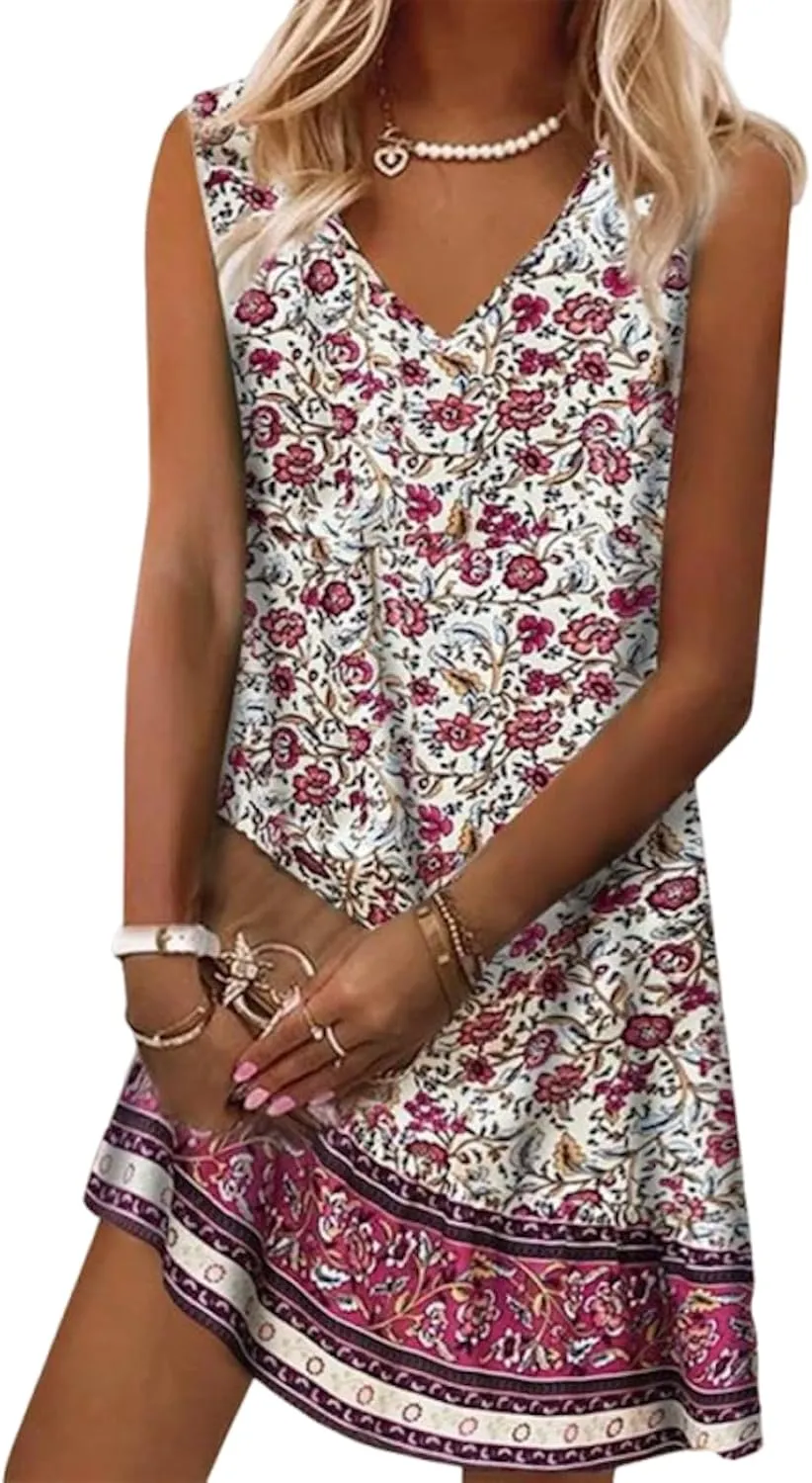 Women's Summer Dresses Sleeveless V Neck Shift Floral Print Boho Mini Dress Vacation Beach Casual Dress