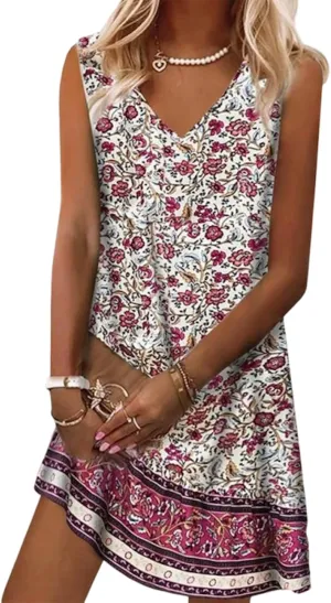 Women's Summer Dresses Sleeveless V Neck Shift Floral Print Boho Mini Dress Vacation Beach Casual Dress