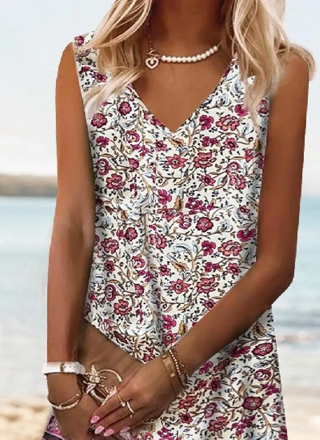 Women's Summer Dresses Sleeveless V Neck Shift Floral Print Boho Mini Dress Vacation Beach Casual Dress