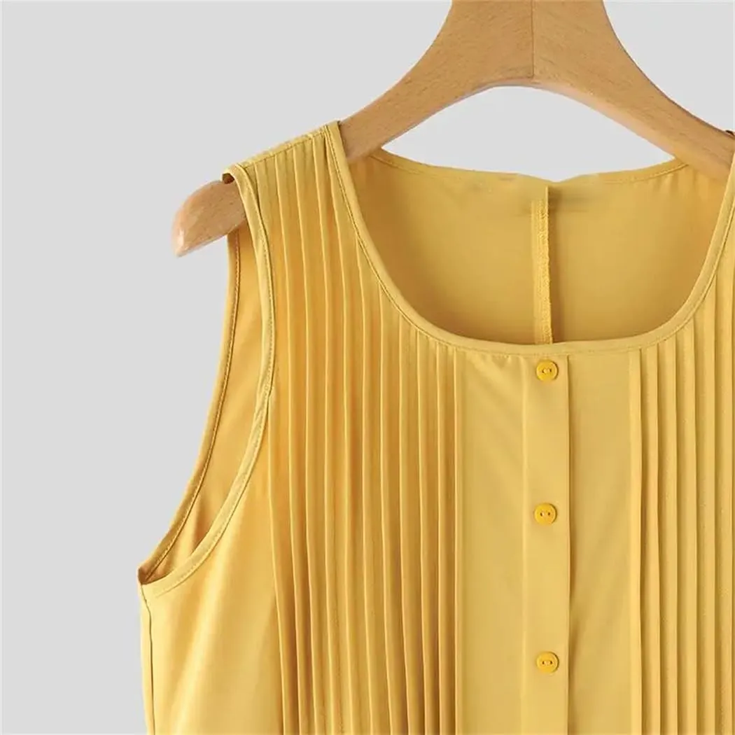Women's Summer Holiday Long Dress Solid Sleeveless Pleated Korean Loose Beach Tank Dresses