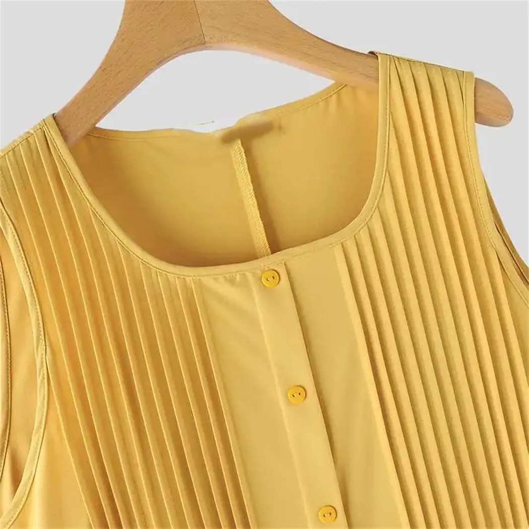 Women's Summer Holiday Long Dress Solid Sleeveless Pleated Korean Loose Beach Tank Dresses