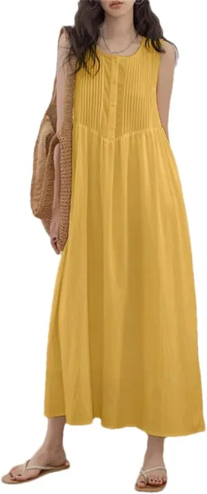 Women's Summer Holiday Long Dress Solid Sleeveless Pleated Korean Loose Beach Tank Dresses