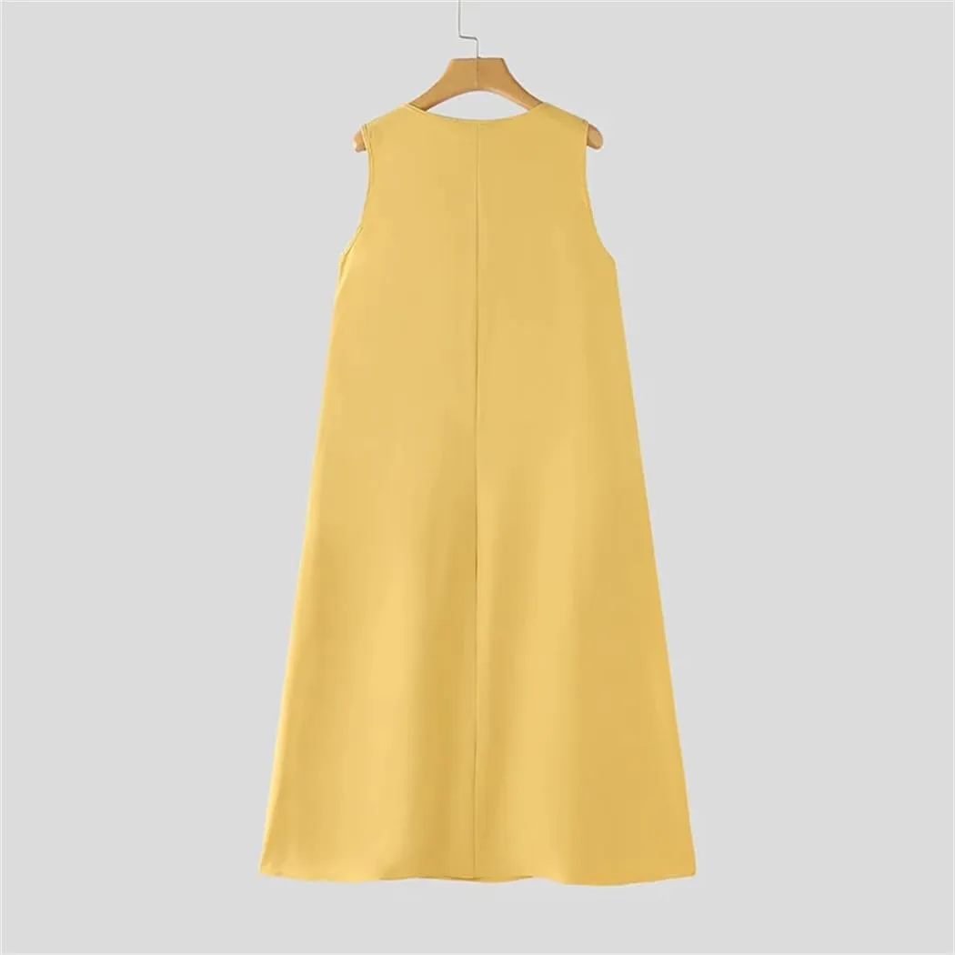 Women's Summer Holiday Long Dress Solid Sleeveless Pleated Korean Loose Beach Tank Dresses