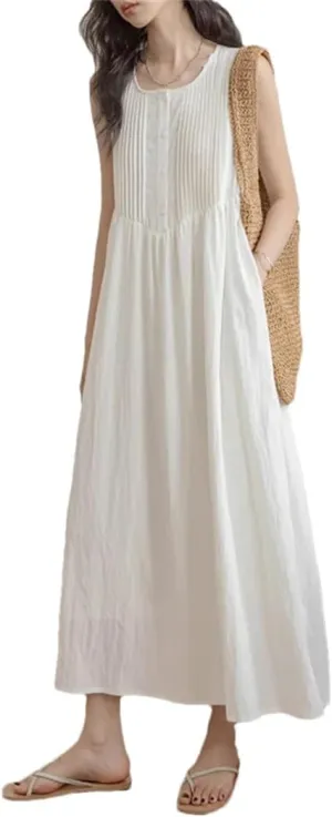 Women's Summer Holiday Long Dress Solid Sleeveless Pleated Korean Loose Beach Tank Dresses