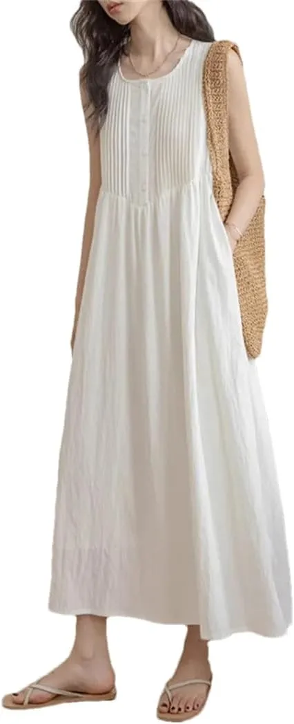 Women's Summer Holiday Long Dress Solid Sleeveless Pleated Korean Loose Beach Tank Dresses