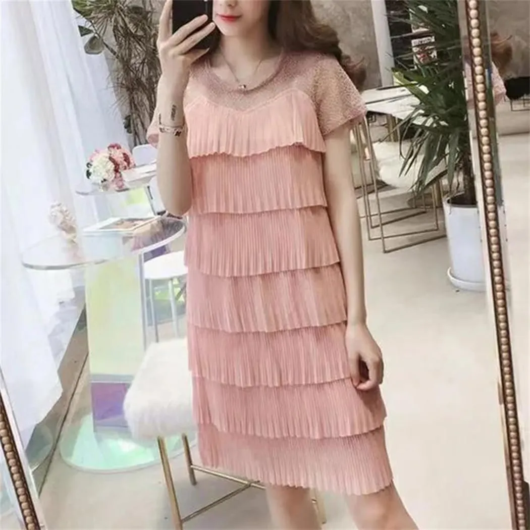 Women's Summer O-Neck Spliced Loose Folds Gauze Mini Dress Office Lady Princess Dress