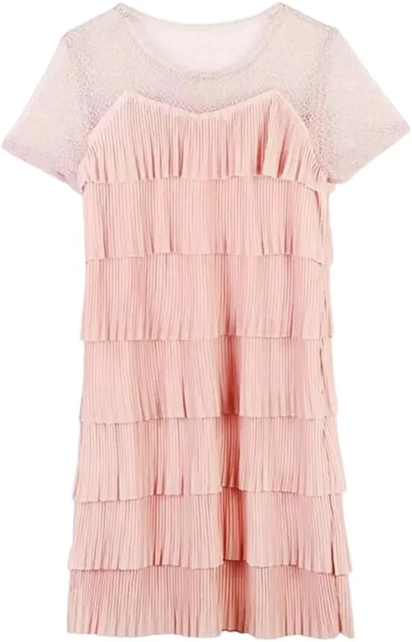 Women's Summer O-Neck Spliced Loose Folds Gauze Mini Dress Office Lady Princess Dress