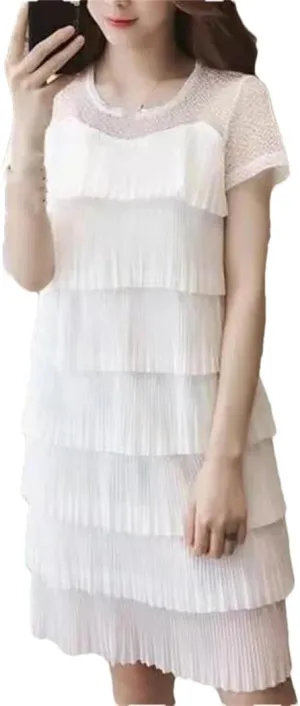 Women's Summer O-Neck Spliced Loose Folds Gauze Mini Dress Office Lady Princess Dress