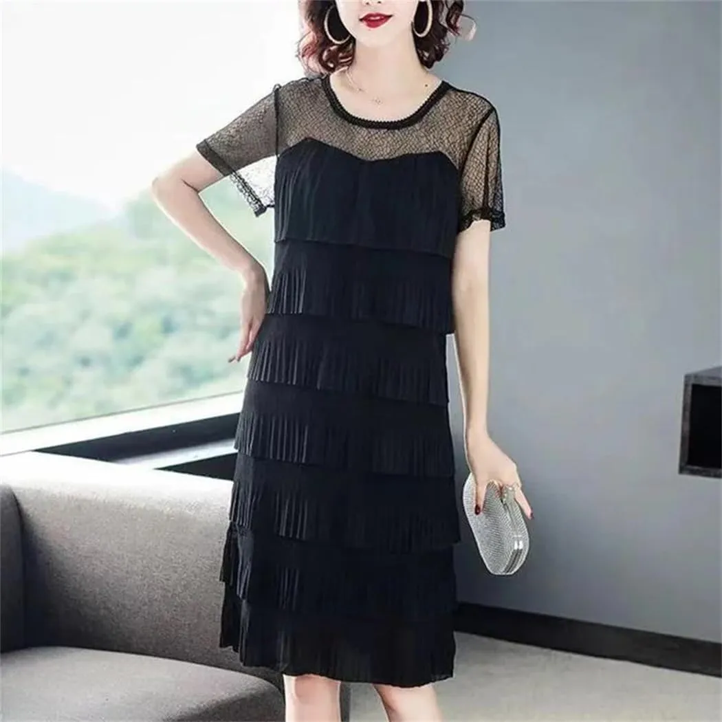 Women's Summer O-Neck Spliced Loose Folds Gauze Mini Dress Office Lady Princess Dress