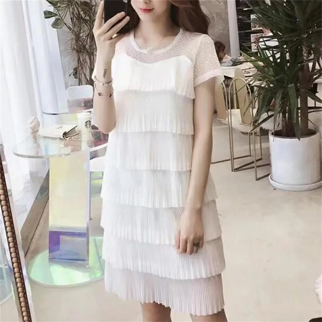 Women's Summer O-Neck Spliced Loose Folds Gauze Mini Dress Office Lady Princess Dress