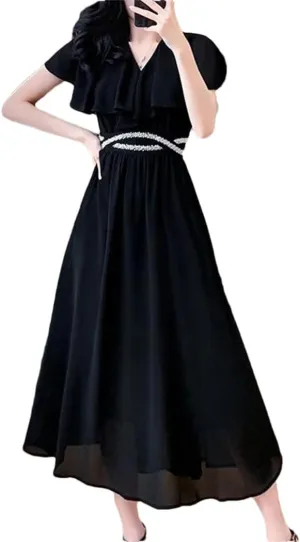 Women's Summer Solid Color V-Neck Spliced Loose Folds Ruffles Beading Office Lady Midi Dress
