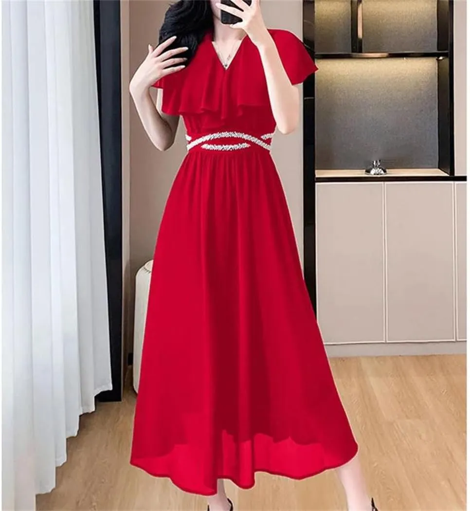 Women's Summer Solid Color V-Neck Spliced Loose Folds Ruffles Beading Office Lady Midi Dress
