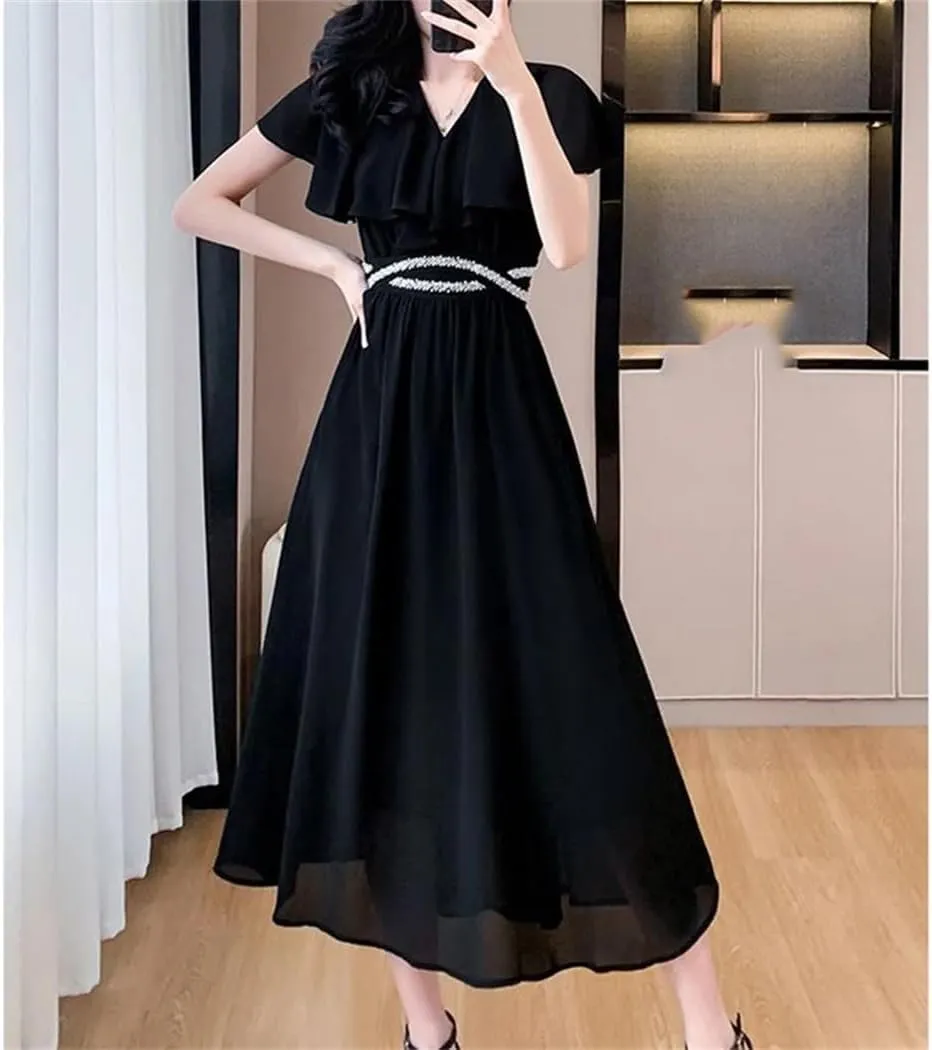 Women's Summer Solid Color V-Neck Spliced Loose Folds Ruffles Beading Office Lady Midi Dress