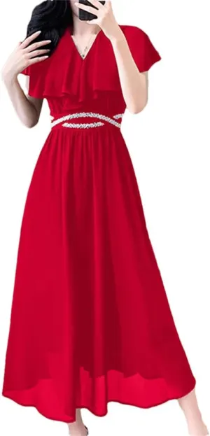Women's Summer Solid Color V-Neck Spliced Loose Folds Ruffles Beading Office Lady Midi Dress