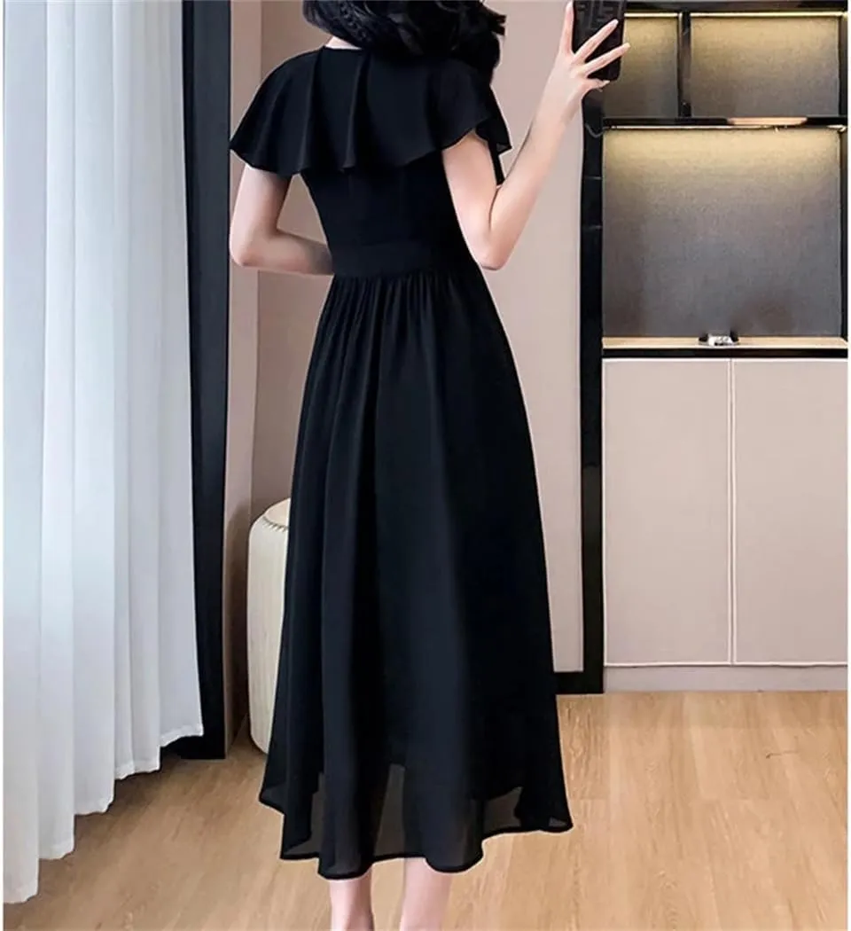 Women's Summer Solid Color V-Neck Spliced Loose Folds Ruffles Beading Office Lady Midi Dress