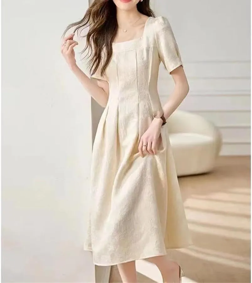 Women's Summer Square Collar Solid Color Folds Short-Sleeved Prom Dresses Loose Office Lady Party Dress