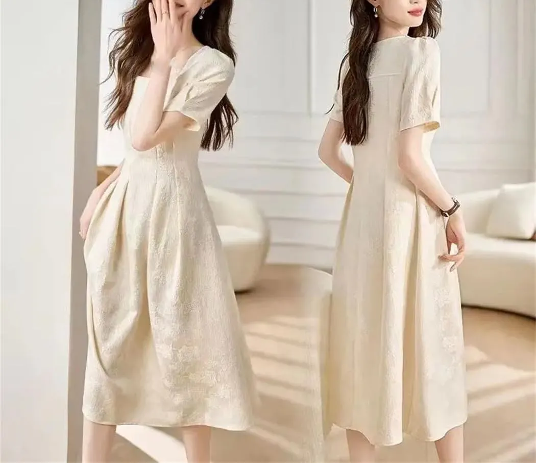 Women's Summer Square Collar Solid Color Folds Short-Sleeved Prom Dresses Loose Office Lady Party Dress